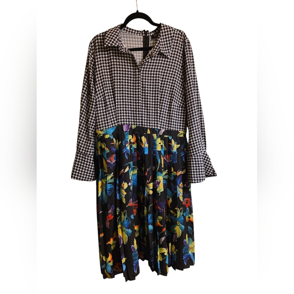 ELOQUII Retro Houndstooth Floral Pleated Midi Dress - Size 18 - Picture 2 of 11